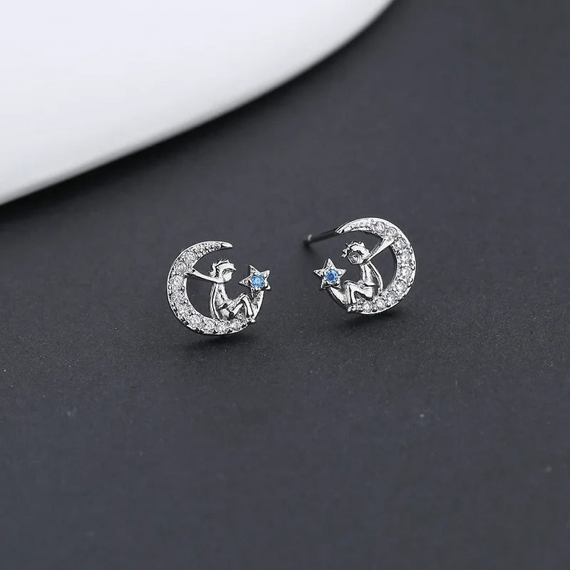 Silver Color Blue Zircon Petite Moon Little Prince Stud Earrings for Women Princess Wedding Jewelry Gift
