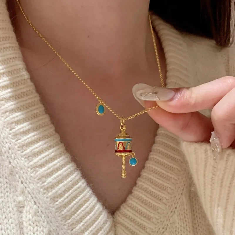 New in retro antique gold crafts blue enamel necklace ethnic style exquisite High quality turquoise collar chain jewelry