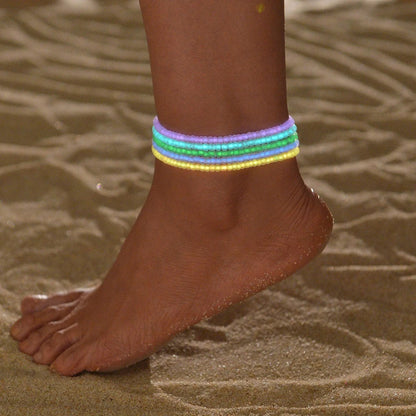 Elastic Rainbow Beaded Anklet Set Women Summer Beach Jewelry