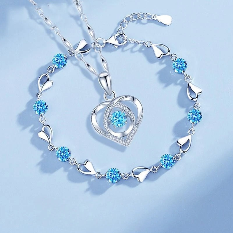 925 Sterling Silver Heart Shaped Necklace Bracelet Set for Women Vintage Crystal Bracelets High Quality Set Party Jewelry