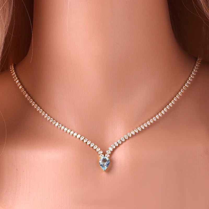 High Quality Chain Water Drop Cubic Zirconia Light Blue Necklace for Women 18K Gold Plated Bridal Wedding Party Jewelry