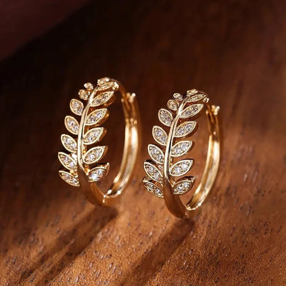 Leaf Olive Small Hoop Earrings Women Shiny Crystal CZ Jewelry