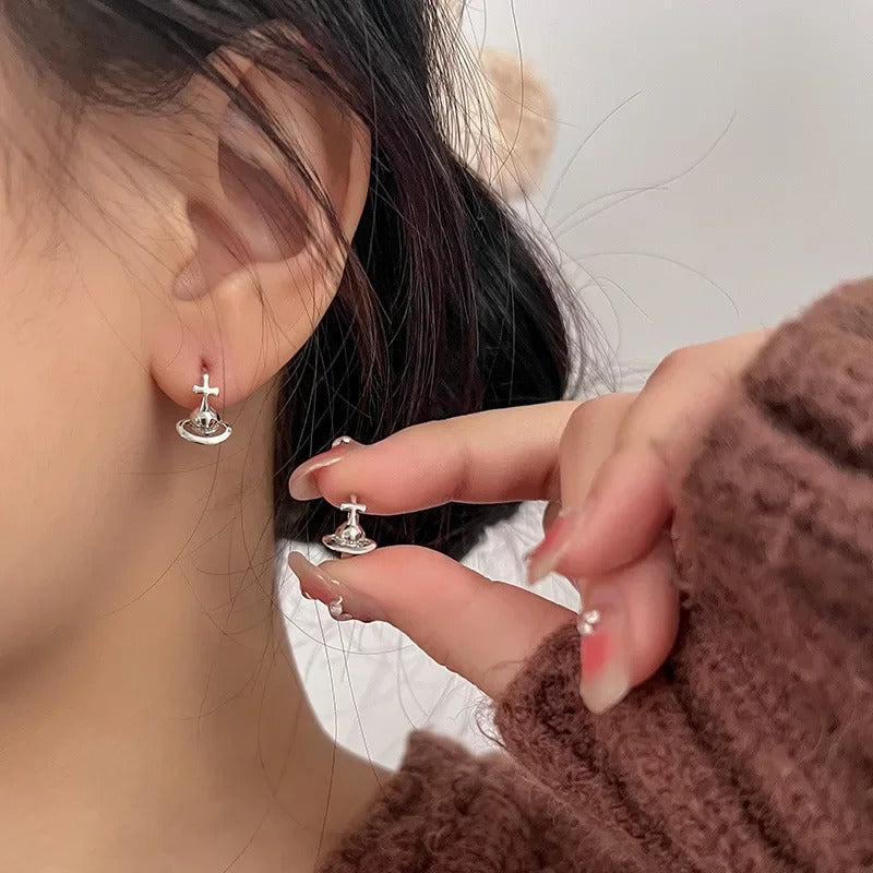 Silver Color Korean Cross Cosmic Planet Saturn Stud Earrings for Women 2025Wedding Party Jewelry Gift Korean Earring
