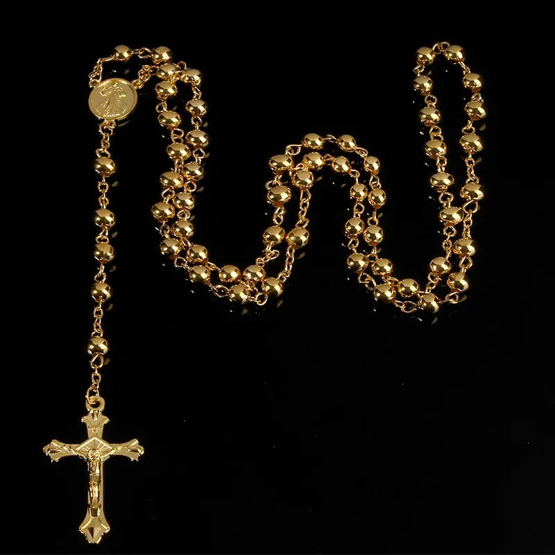 Imitation Gold Bead Rosary Necklace Elegant Cross Pendant