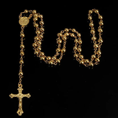 Imitation Gold Bead Rosary Necklace Elegant Cross Pendant