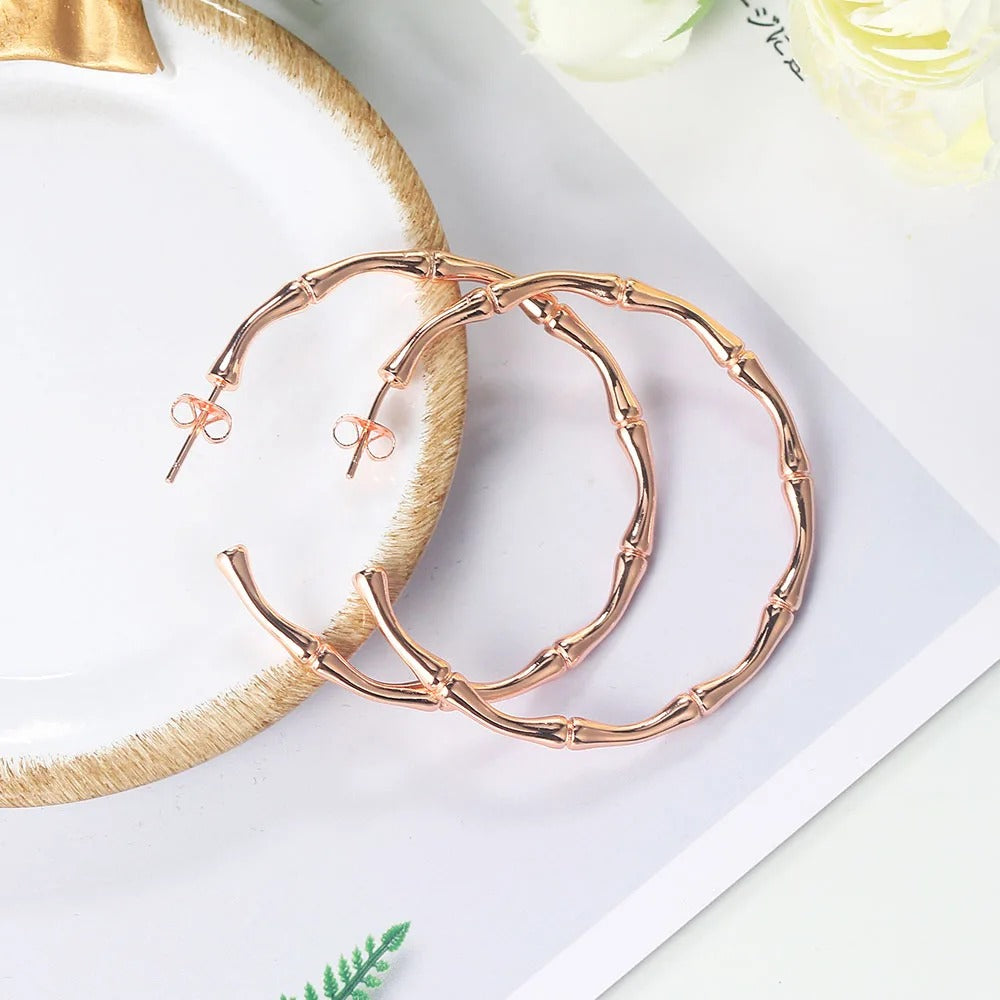 Rose Gold Bamboo Hoop Earrings Simple Aesthetic for Women