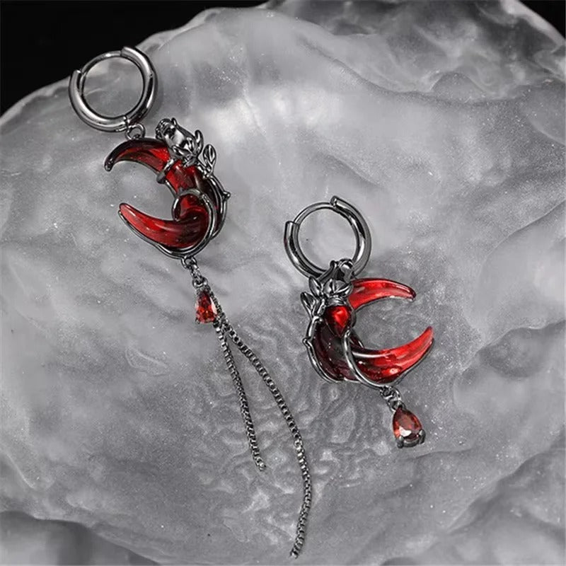 Gothic Red Moon Rose Earrings Asymmetrical Crystal Drop Jewelry