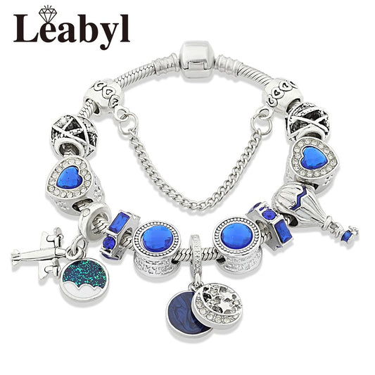 Classic Dark Blue Crystal Enamel Star Plane Ballon Pendant Charm Bracelets Silver Color Starry Sky Ball Bead Jewelry Gift