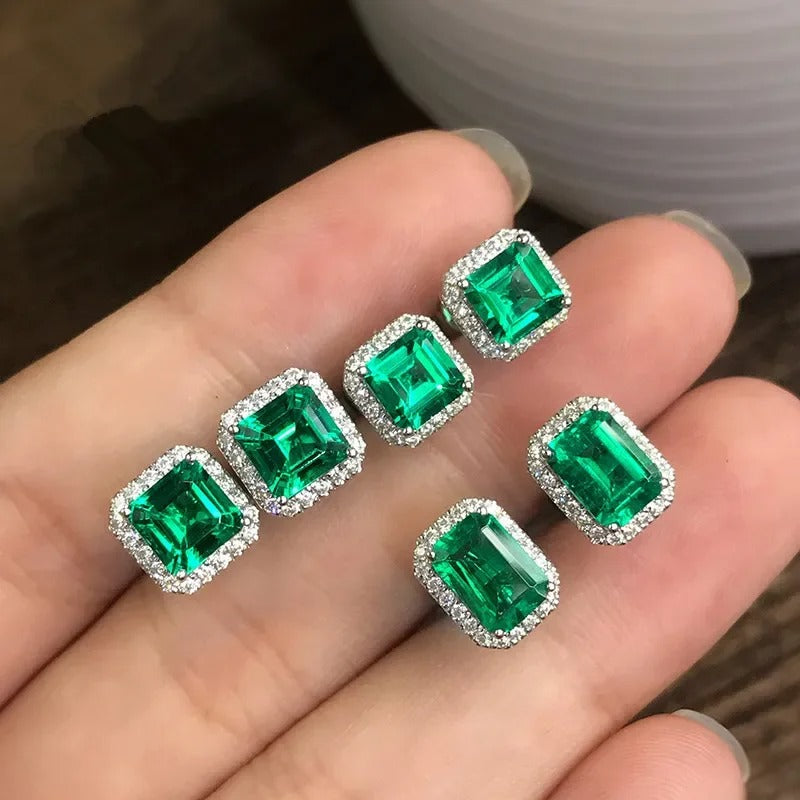 Women’s Emerald Green Square Earrings Double Stud 925 Silver Jewelry