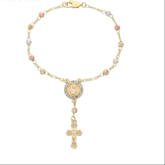 Virgin Mary Rosary Bead Cross Bracelet for Women Tri-color Style Bracelet for Women Fashion Bangle Jewelry
