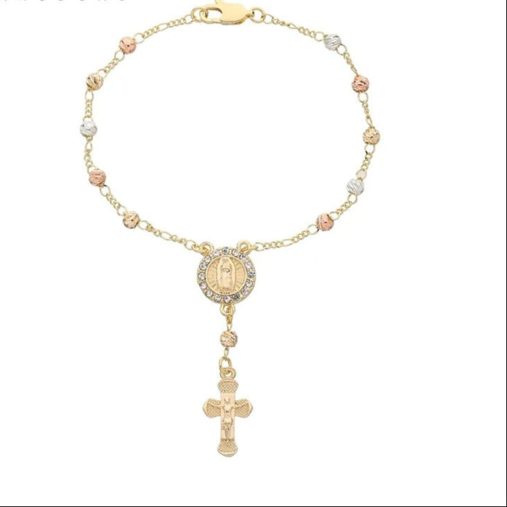Virgin Mary Rosary Bead Cross Bracelet for Women Tri-color Style Bracelet for Women Fashion Bangle Jewelry