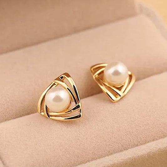 Elegant Triangle Pearl Stud Earrings – Gold Plated Fashion Jewelry for Women & Girls, Charming Gift Idea