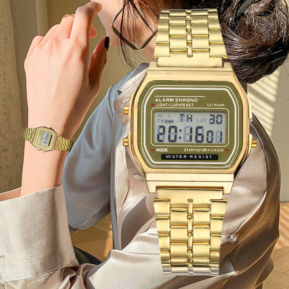 Elegant Women’s Digital Watch Gold & Silver Stainless Steel