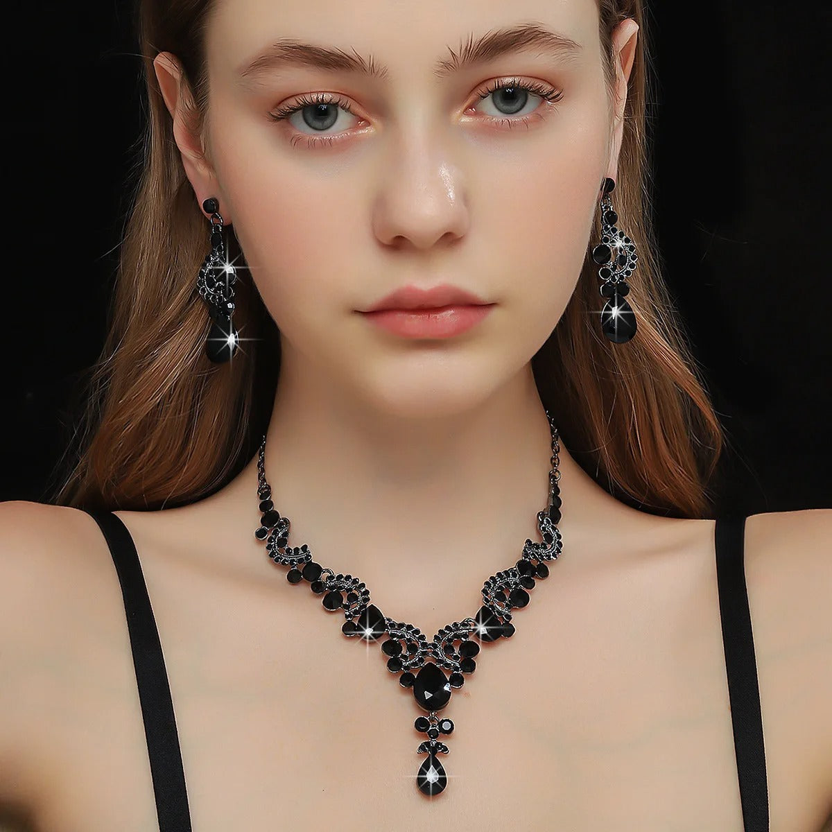 Black Water Drop Crystal Necklace Earrings For Women Wedding Bride Jewelry Sets