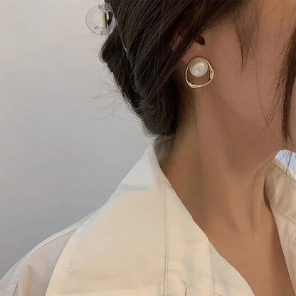 Gold Imitation Pearl Stud Earrings for Women Korean Irregular Design