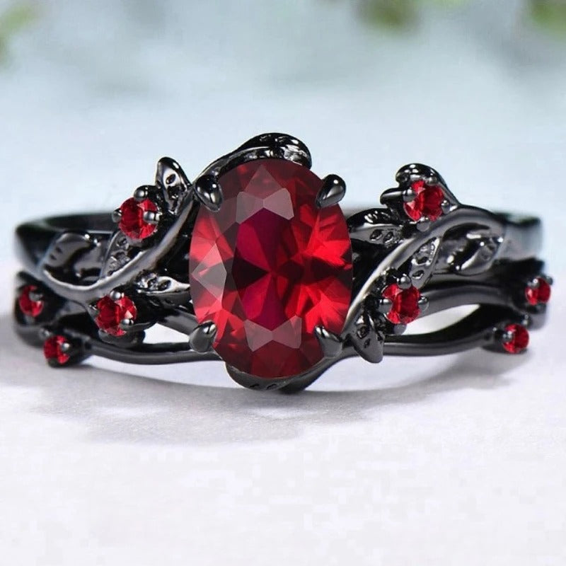 Retro Gun Black Rose Branch Rings Set for Women Wedding Jewelry