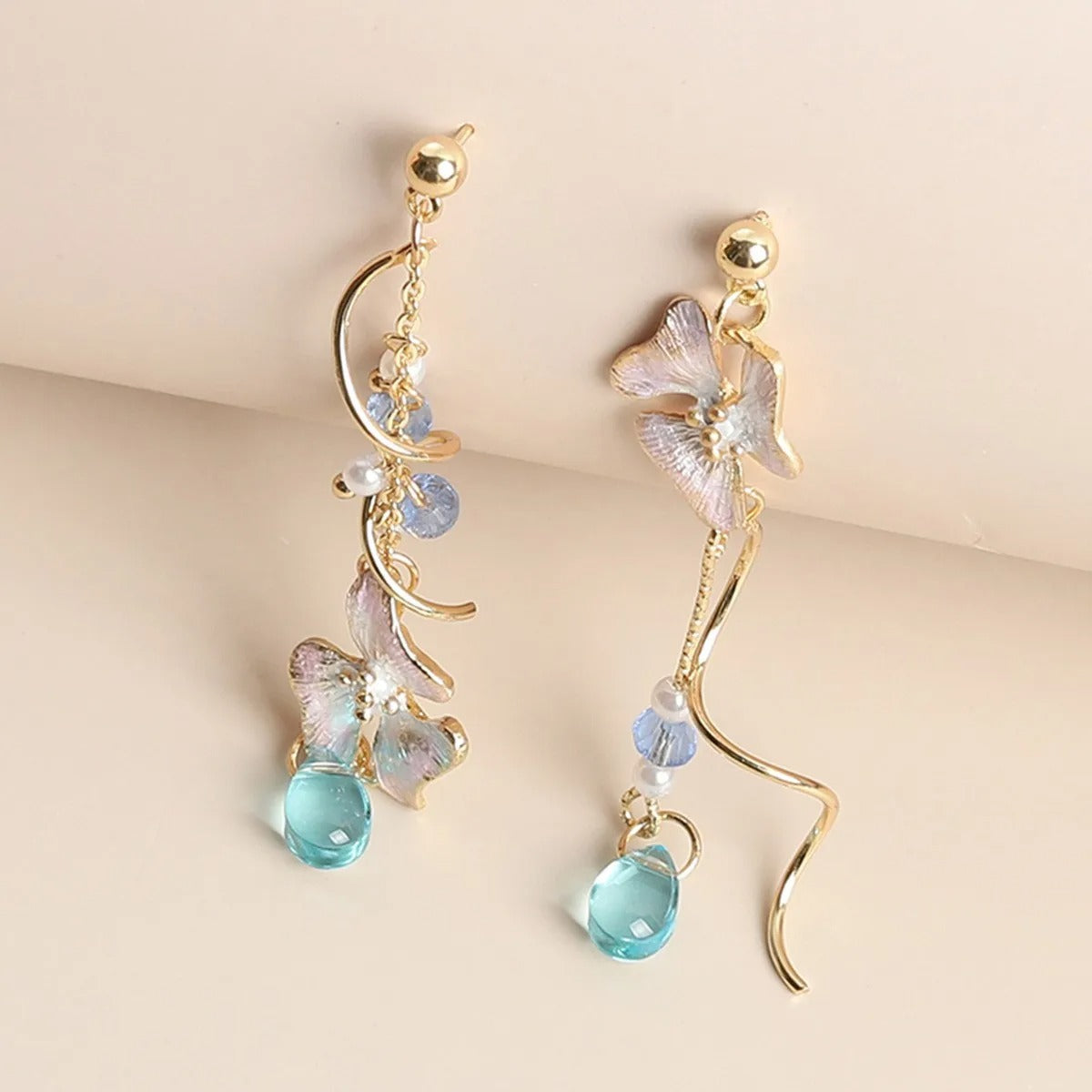 Cute Flower Spiral Dangle Earrings Women Blue Crystal Tassel