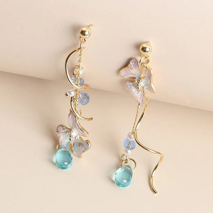 Cute Flower Spiral Dangle Earrings Women Blue Crystal Tassel