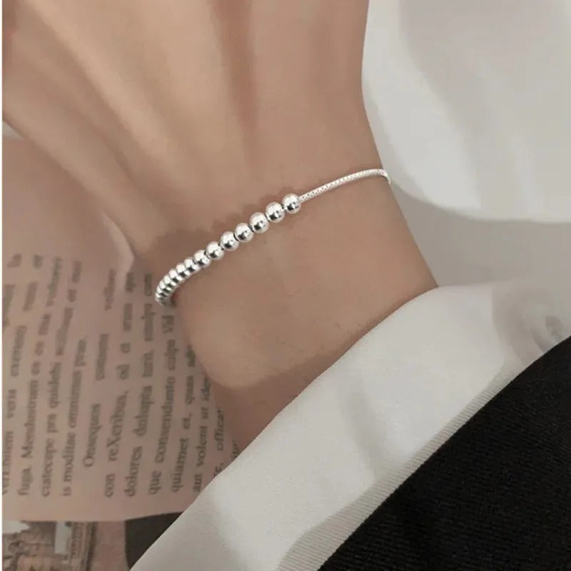 Solid 925 Sterling Silver Metal Bracelets for Women Men Beads Adjustable Handmade Simple Bracelet Birthday Gift