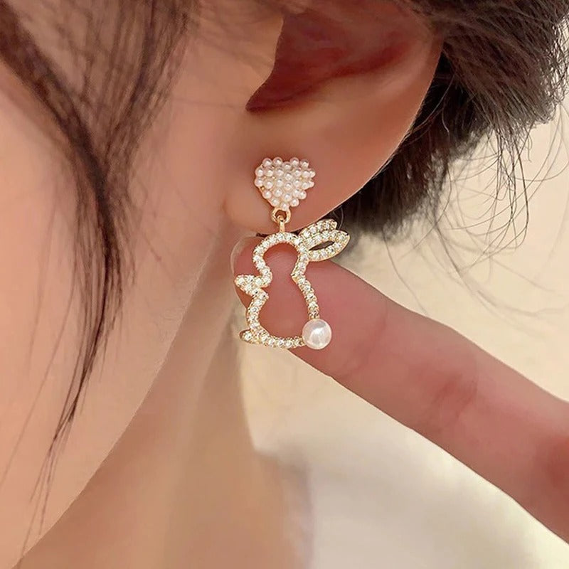 Trendy Rabbit Drop Earrings Crystal Pearl Cute Dangle Jewelry