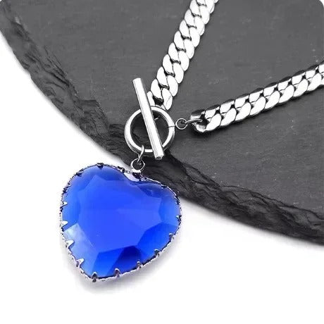 Red Heart Necklace Choker for Women Stainless Steel Silver Color Glass Pendant Clavicle Chain Necklaces Jewelry Girlfriend Gift
