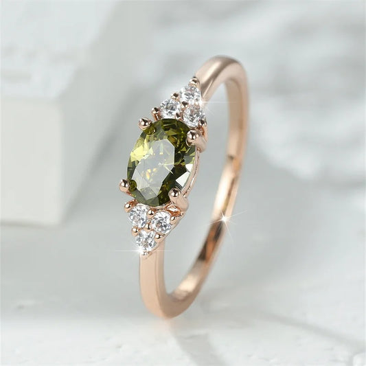 Olive Green Oval Zircon Ring for Women Rose Gold Minimalist Band