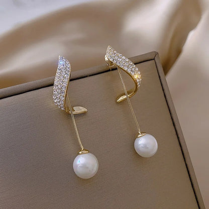 Classic Imitation Pearl Dangle Earrings Crystal Tassel Jewelry for Women