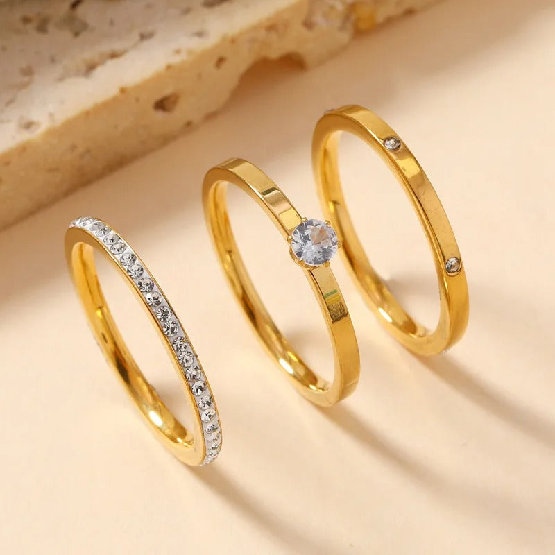 Luxury 3-Piece Zircon Ring Set for Women Stainless Steel Fashion Jewelry