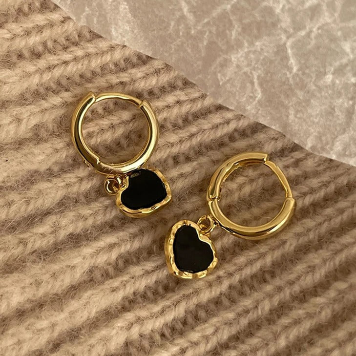Sterling Silver Black Heart Gold Hoop Earrings Women Party Jewelry