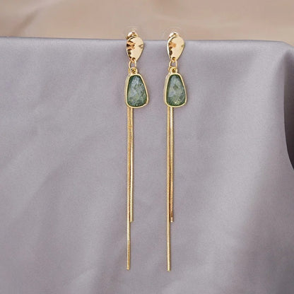 Gold Chain Dangle Earrings Green Crystal Vintage Style for Women