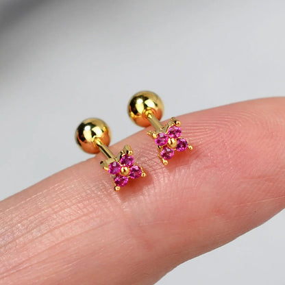 Crystal Flower Stud Earrings for Girls Sweet Red Zircon Cartilage Jewelry