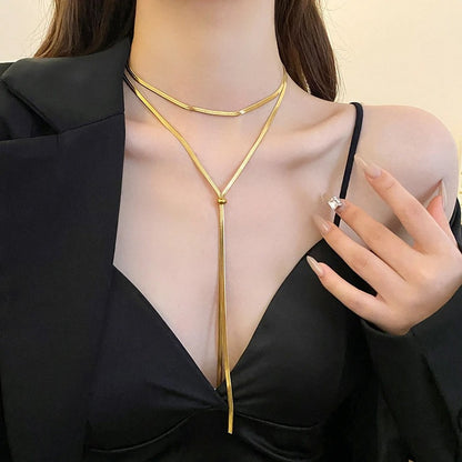 316L Stainless Steel New Fashion Fine Jewelry 134cm Pull Adjusting Charm Flat Snake Chain Choker Necklaces Pendants For Women