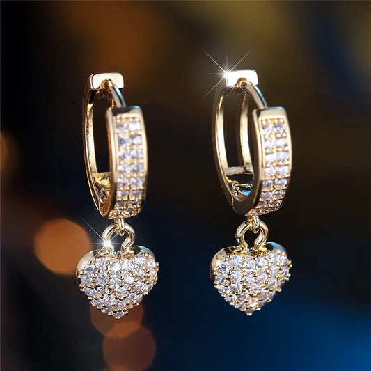 Trendy Crystal White Zircon Heart Hoop Earrings for Women Vintage Gold Color Wedding Jewelry