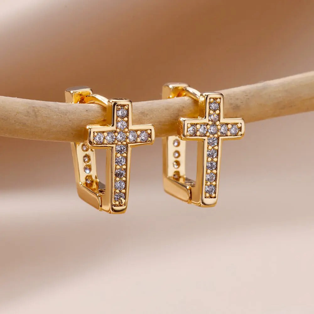 Zircon Cross Hoop Earrings For Women Stainless Steel Hip Hop Punk Small Geometric Round Earrings Religion Jewelry Gift