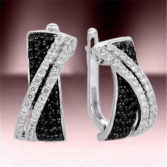 Small White Black Zircon Hoop Earrings for Women Vintage Silver Jewelry