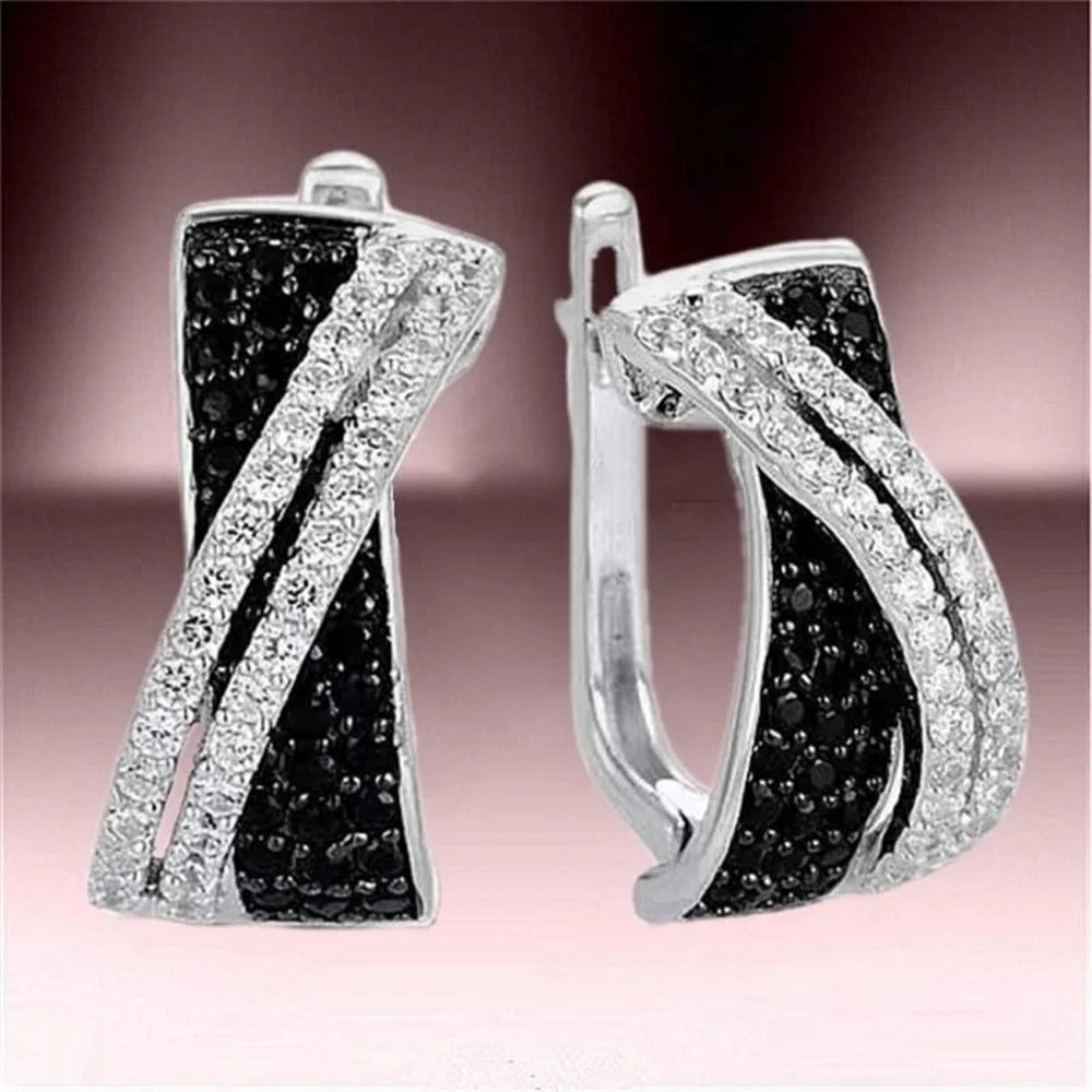 Cute Female Small White Black Zircon Stone Hoop Earrings Vintage Fashion Silver Color Wedding Jewelry For Women