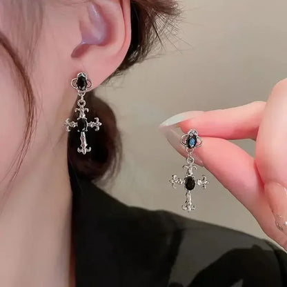 Trendy Black Cross Drop Earrings Women Gothic Punk Fashion Jewelry