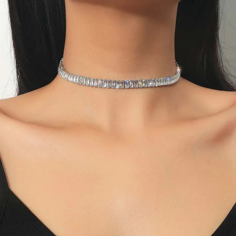 Stainless Steel Silver Color Zircon Choker Necklace for Women Exquisite Crystal Rectangle Geometric Necklace Wedding Jewelry