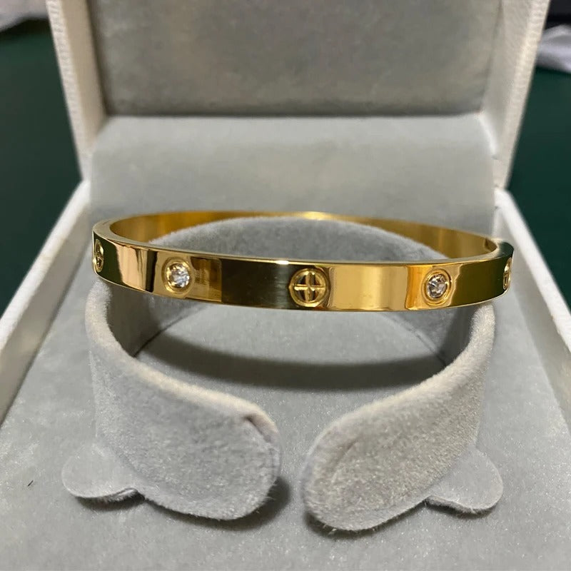 Gold Zircon & Cross Nail Bracelet – Luxury Stainless Steel Screw Bangle for Women