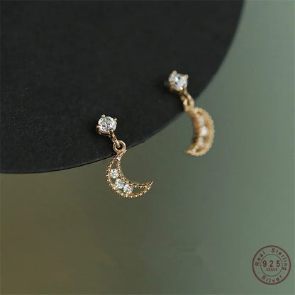 925 Sterling Silver Gold Plated Crystal Moon Stud Earrings for Women
