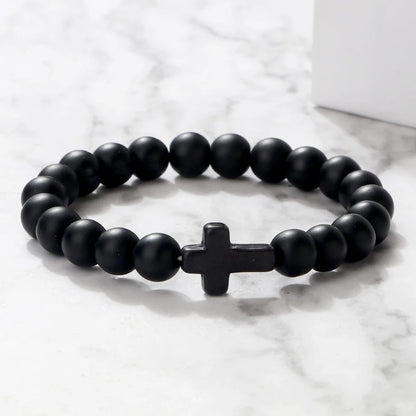 Charm Natural Stone Cross Bracelet Handmade Black Lava Beads