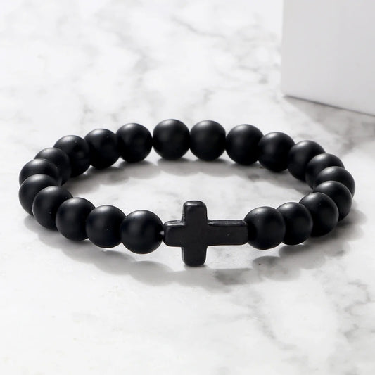 Charm Natural Stone Cross Bracelet – Handmade Black Lava Beaded Jewelry for Men & Women