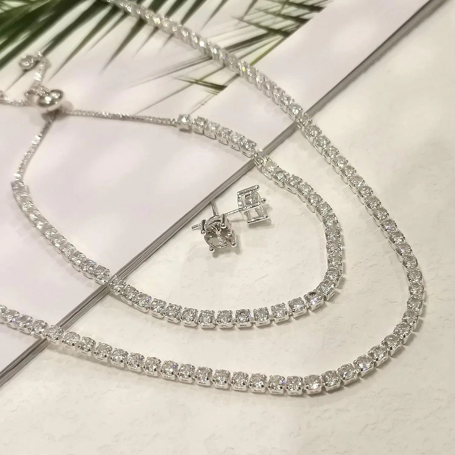 Tennis Necklace Bracelet for Women Sliver Plated Dainty Chocker Necklace Earrings Bracelet for Women Wedding Jewelry for women