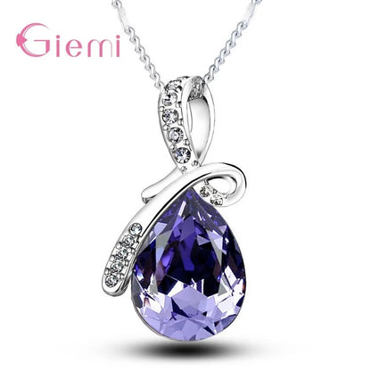 925 Sterling Silver Colorful Cubic Zirconia Waterdrop Pendant Necklace Women Girls Wedding Party Jewelry