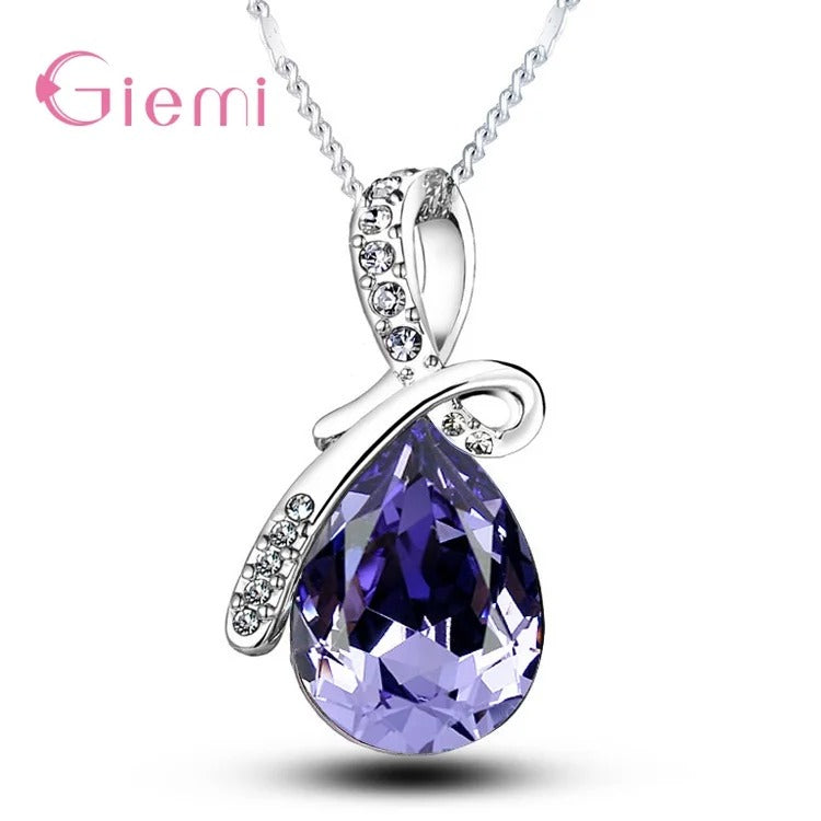 925 Sterling Silver Colorful Cubic Zirconia Waterdrop Pendant Necklace Women Girls Wedding Party Jewelry
