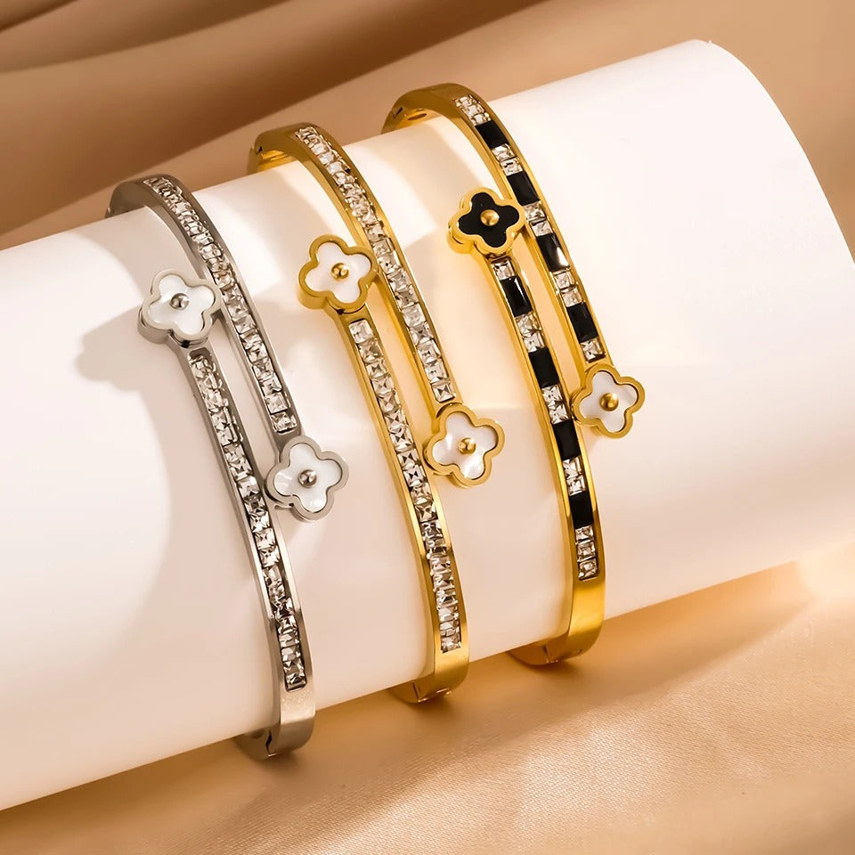 Lucky Four-Leaf Flower Open Bracelet Stainless Steel Zircon Jewelry