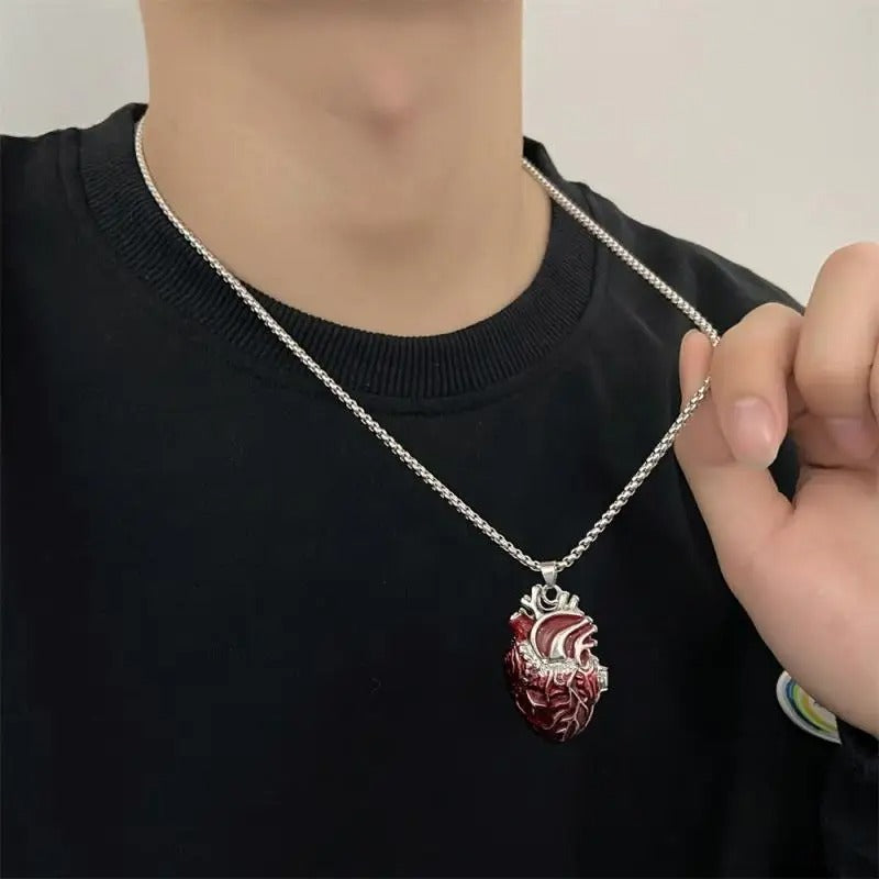 Gothic Rose Red Love Necklace Women's Y2K Grunge Jewelry Dainty Silver Color Tone bloody Human Heart Pendant Personalized Gifts