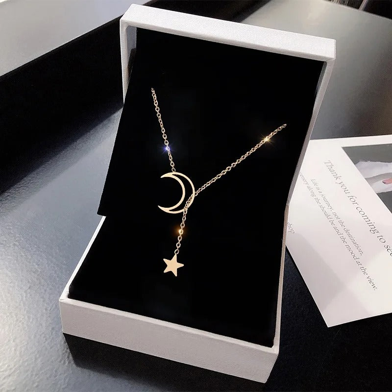 Simple Moon and Star Necklace Gold Alloy Charm Chain Jewelry for Women