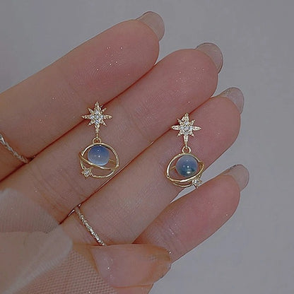 Cosmic star and river earrings for women, unique blue opal niche planet earrings, versatile ear jewelry