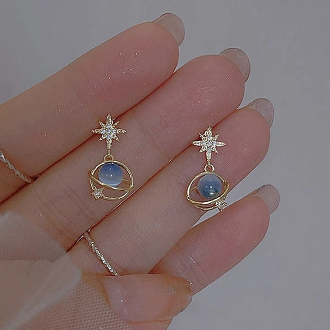 Cosmic star and river earrings for women, unique blue opal niche planet earrings, versatile ear jewelry